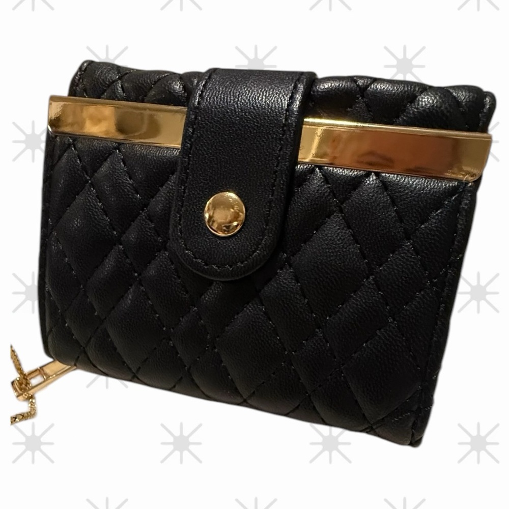 Black Quilted Vegan Leather Wallet with Gold Accents - NWT